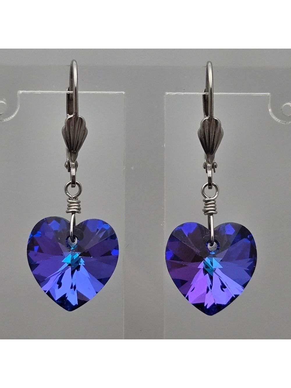 Handmade Heliotrope Heart Crystal Dangle Earrings Silver Tone